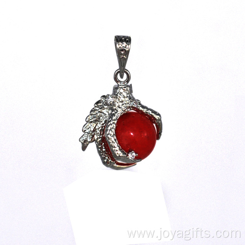 925 Sterling Silver Red Jade 15MM Sphere Dragon Claw Pendant Jewelry